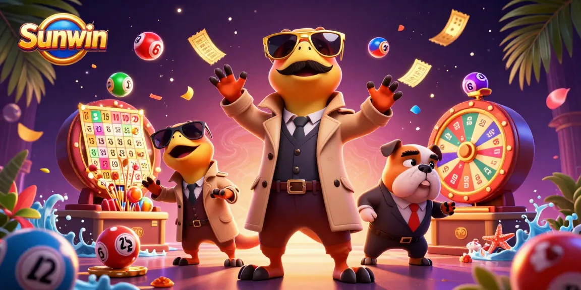 Experience Sunwin's vibrant casino world with animated raptors amusingly entering a VIP area full of dynamic games and tickets.
