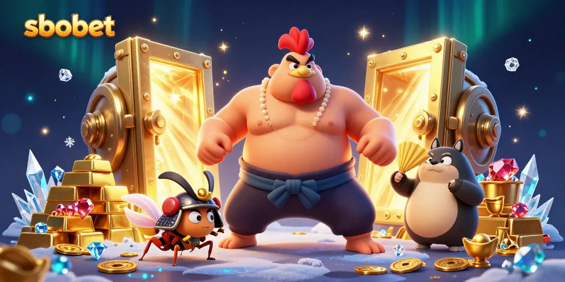 SBOBET dynamic betting illustration featuring a sumo wrestler, samurai cricket, and announcer surrounded by treasure and gaming elements.