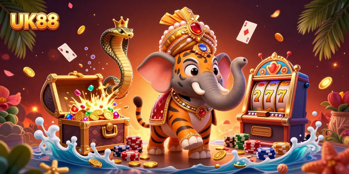Experience thrilling wins with UK88 in this vibrant digital casino illustration featuring adventure and excitement.