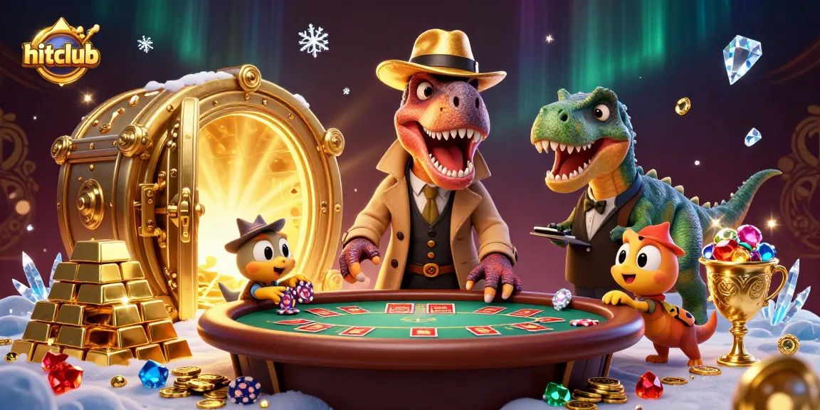 Hitclub features a cartoon velociraptor card counter at a blackjack table, surrounded by dynamic casino elements.