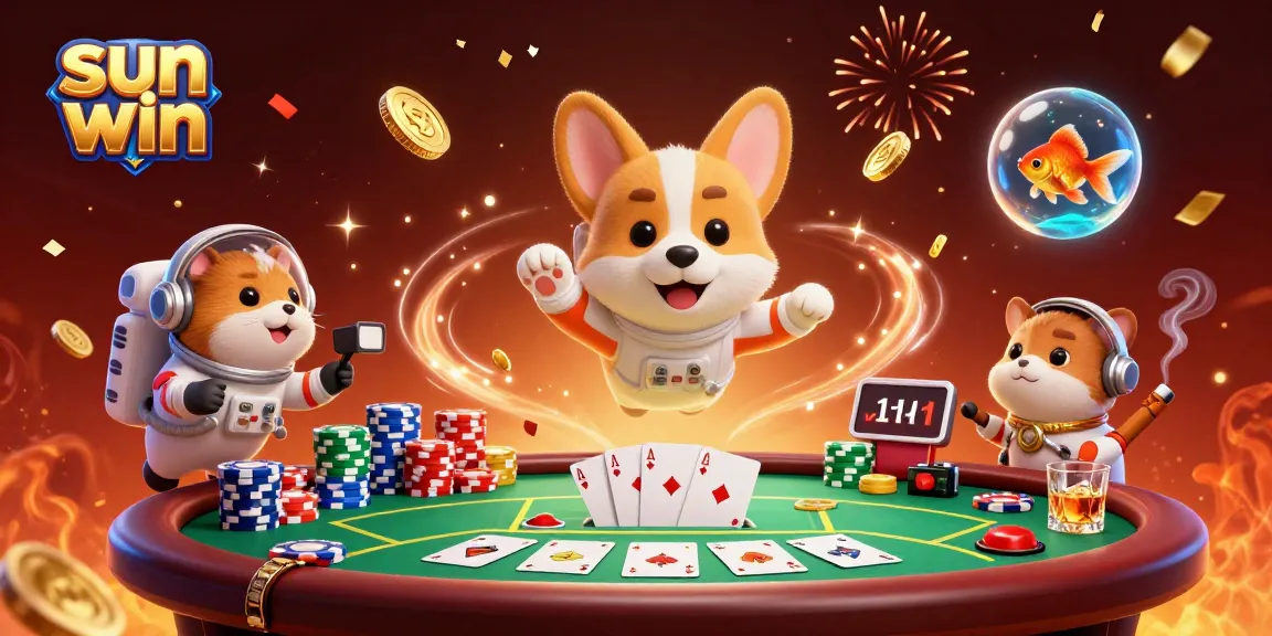 Experience thrilling gameplay in the sun win casino scene with a floating corgi and vibrant poker elements.