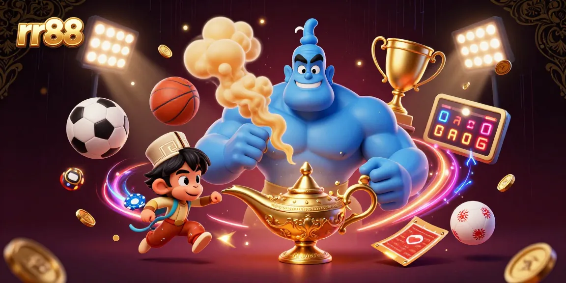 Engage in the thrilling action at rr88, where a genie grants gaming wishes amidst flying sports balls and poker chips.