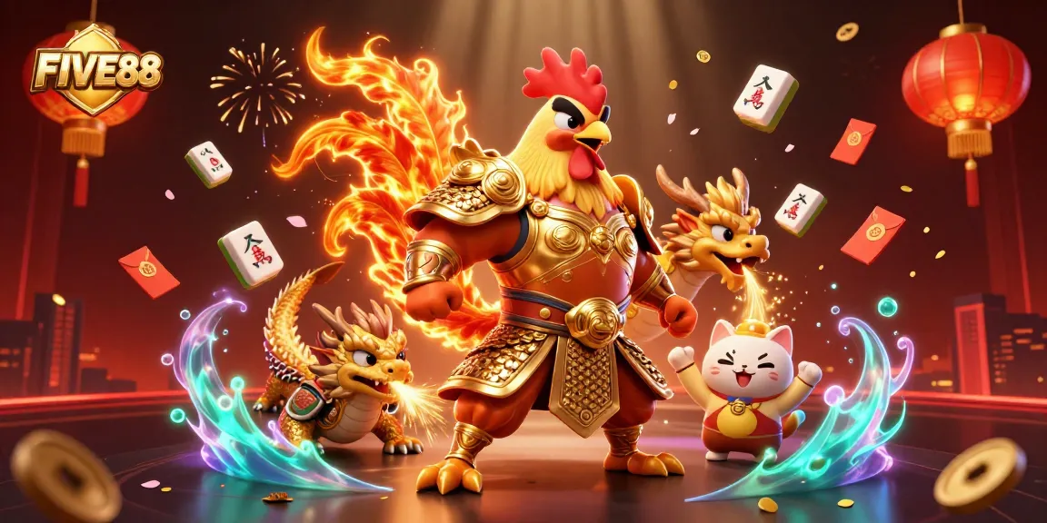 FIVE88 engages gamers with its colorful, dynamic casino-themed 3D illustration featuring unique characters.