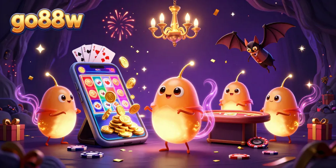 Experience the excitement at go88w with a vibrant cave casino scene filled with glowing characters and dynamic gaming action.