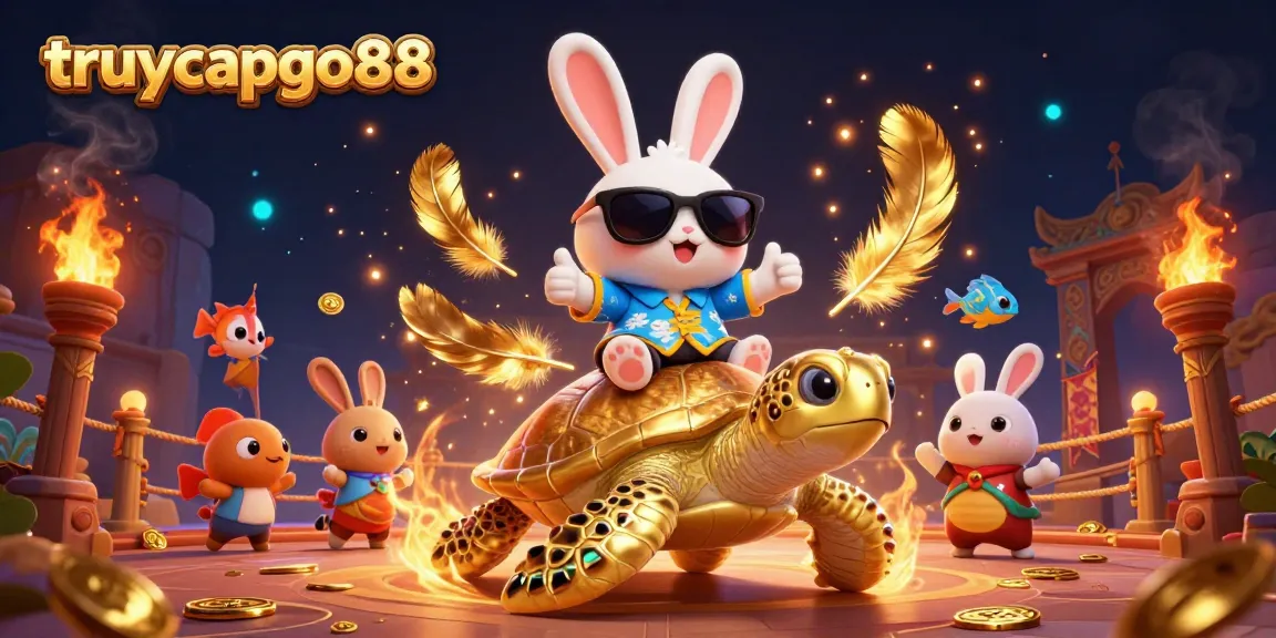 Experience the excitement of truycapgo88 as a lucky rabbit celebrates vibrant wins in a colorful casino adventure.