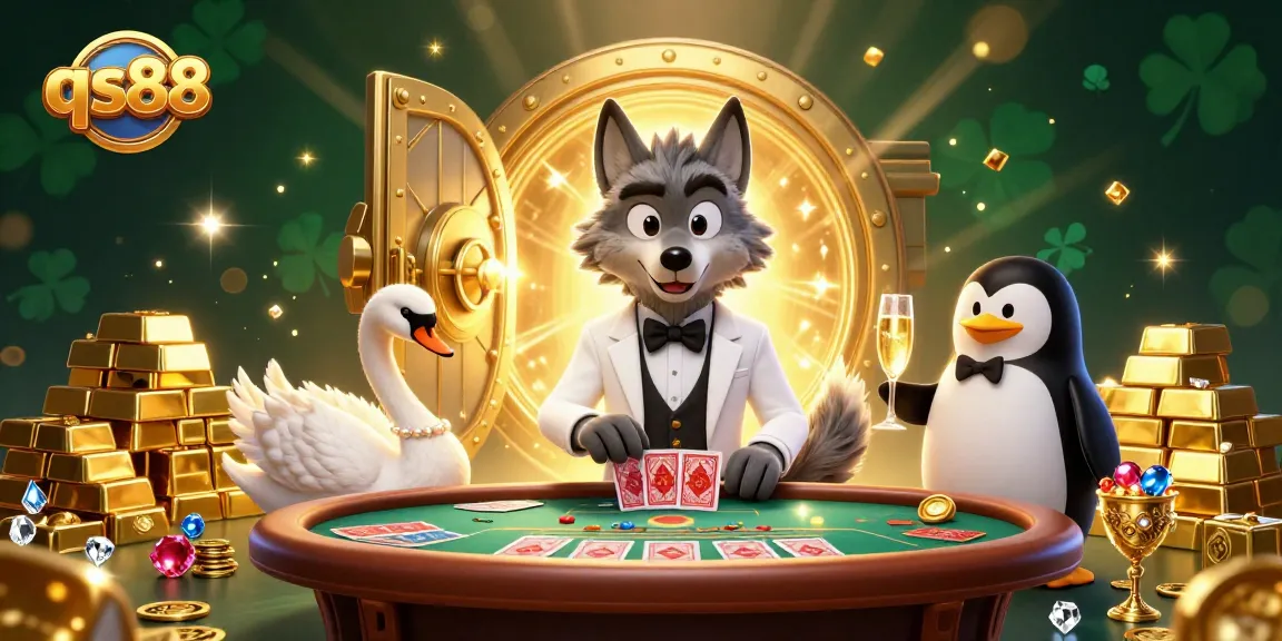 Engage with QS88’s vibrant baccarat scene featuring a cartoon wolf, swan, and penguin in a casino setting.