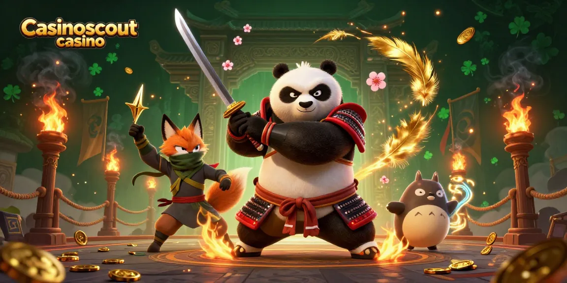 Experience the excitement at casinoscout casino with a dynamic samurai panda and ninja fox amidst gold coins and magical energy.